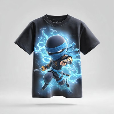 Chibi Ninja Hero Graphic T-Shirt | Glowing Blue Fire Warrior Print | Premium Dark Unisex Tee for Kids & Youth