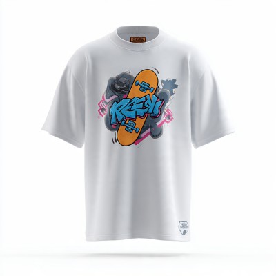 Skate Graffiti Graphic T-Shirt | Urban Street Style Skateboard Print | Oversized White Tee for Kids & Teens