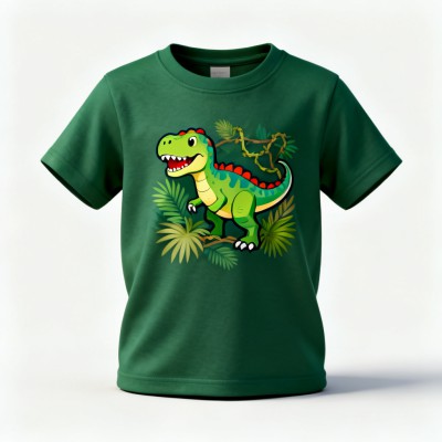 Dino Adventure Graphic T-Shirt | Cartoon T-Rex Jungle Print | Forest Green Kids Tee for Boys & Toddlers