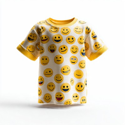 Happy Emoji All-Over Print T-Shirt | Smiley Face Pattern Tee | White & Yellow Kids Unisex Shirt for Boys & Girls