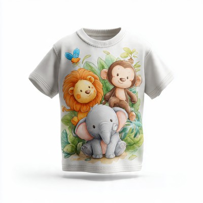 Happy Jungle Animals T-Shirt | Watercolor Lion Elephant Monkey Print | White Soft Kids Tee for Boys & Girls