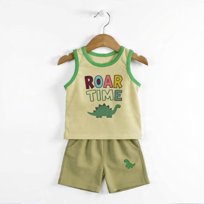 Roar Time Little Dino Boys Cotton Co-ord Set – Sleeveless Top & Shorts