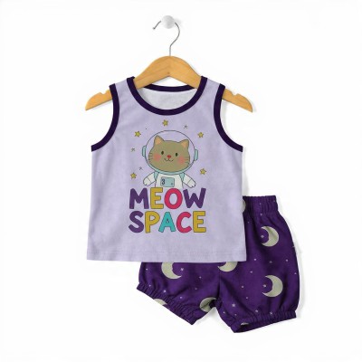 Meow Space Cat Astronaut Girls Cotton Co-ord Set – Sleeveless Top & Shorts