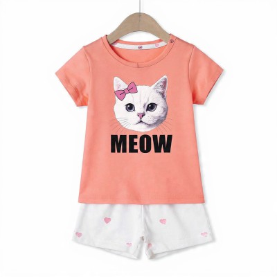 Meow Girls Half Sleeve Cotton Co-ord Set – T-Shirt & Shorts