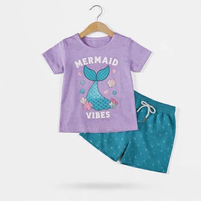 Mermaid Vibes Girls Half Sleeve Cotton Co-ord Set – T-Shirt & Shorts