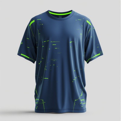 Navy Blue Neon Tech Glitch Half Sleeve T-Shirt