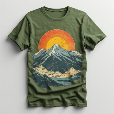 Olive Vintage Mountain Sunset Graphic T-Shirt