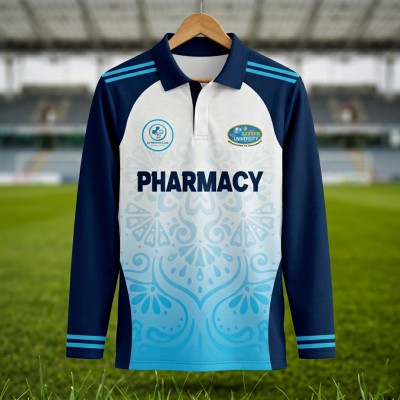 Pharmacy University Cricket Jersey – Navy Blue & Sky Blue Long Sleeve Academic Edition