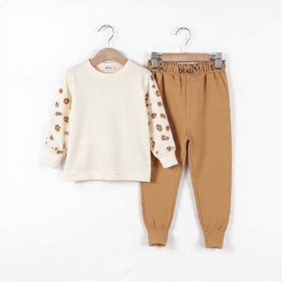 Girls Leopard Sleeve Full Sleeve Set Cream Brown