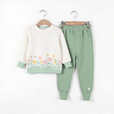 Girls Flower Meadow Full Sleeve Set Cream Green