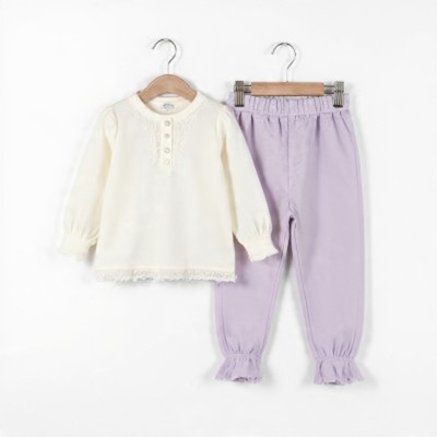 Girls Lace Ruffle Full Sleeve Set Cream Lavender