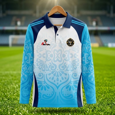 Nikhut Fashion Cricket Jersey – Navy Blue & Sky Blue Long Sleeve Academic Edition