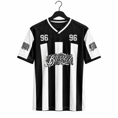 Premium Drop-Shoulder Blessed Jersey - Black and White Striped,V-Neck.